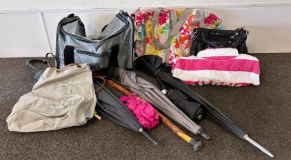 (6) Umbrellas, Walking Cane, Bags And Duffel Bags