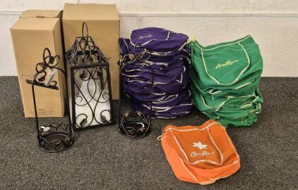 (3) Beautiful Princess House Candle Holders/ Hangers, Crown Royal Bags (50 Green, 68 Purple, 6 Orange)
