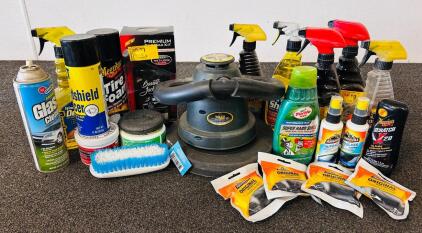 Auto Cleaning Lot: Waxx Pro 10" Polisher (Powers On), Armor All Products, Glass Treatments, Spray Wax, And More Auto Detailing Care Products.