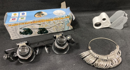 Watch Repair Glasses, Illuminated Jeweler&rsquo;s Loupe, and Ring Sizing Gauges