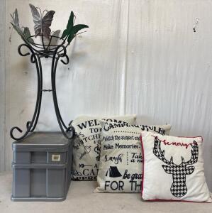 Small Plastic Drawer, Metal Vase Holder, 3 Camping Themed Pillows