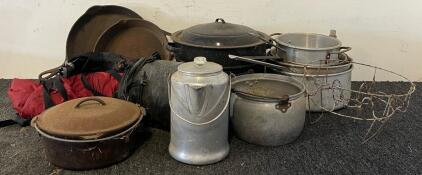 Camping Goods Including Wenger Tent, Pots, Cast Iron Pans, Kettle & More