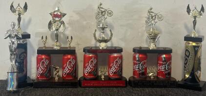 (5) Trophies Including Coca-Cola Motorcycle Event Trophies, Miller Genuine Draft & Miller Lite Trophies