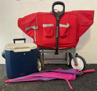 Radio Flyer EZ Fold Wagon, Blue Coleman Cooler, And Pink And Purple Umbrella