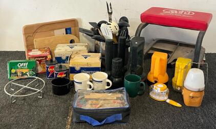 Camping Goods Including Olympic D.S. No. 5 Seep Sea Reels, Camp Cook Supplies, Flashlights, Work Stool & More