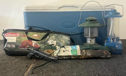 Camping Goods Including Coleman Cooler (37&rdquo;Lx17&rdquo;Wx18&rdquo;H), Coleman Tent, (2) Lanterns, (2) Seats & Pistol Crossbow
