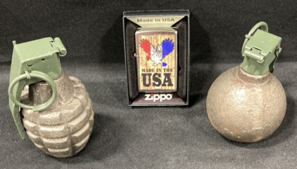 ‘Made In The USA’ Zippo And (2) US Hand Grenades