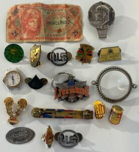 25 Cents Military Payment Certificate, 1974 Eisenhower Dollar Coin Money Clip, Pins & Trinkets