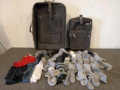 (1) Large Suitcase w/Wheels 30" X 20" X 9", (1) Medium Suitscase w/Wheels 22" X 15" X7"(4) Pairs of Under Armour Boxer Briefs Size XL, (24) Pairs of Cabela's Socks and More