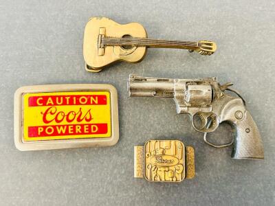 (3) Collectible Belt Buckles and (1) Brass Toned Money Clip
