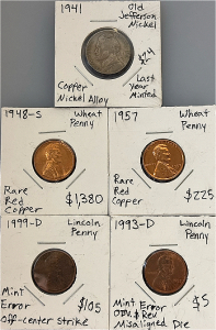 Rare U.S. Coin Collection &ndash; Wheat Pennies, Mint Errors & 1941 Jefferson Nickel