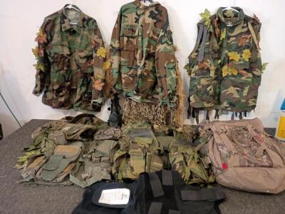 (2) XL Camouflage Long Sleeve Jackets, (3) XL Camouflage Vests w/Velcro Pouch Attachments, Camouflage Large Backpack, Vintage Gas Mask, ForceOne Advanced Ballistic Protection And Much Much More