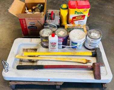Pallet With Outdoor Essentials Including; Sledge Hammers, Chemicals, Dremel Set In Toolbox, Lighter Fluid, Camping Sink, Weed Preventer And More