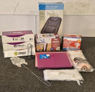 Zumba Bundle (Fitness & Toning), Back Massager Seat Cushion, Draft Blocker, (2) File Folders, (2) Mop Heads, Motion Activated Light, Fly Swatter