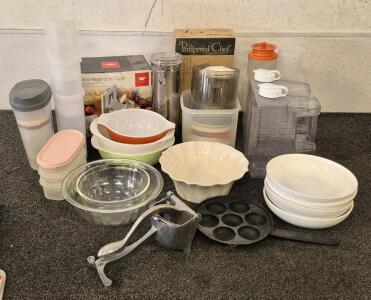 The Pampered Chef Cookie Press, Spiral Vegetable Slicer, Tupperware, Serving Dishes, (4) Bowls, (2) One GAL Water Jugs, And More!