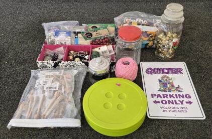 Craft Bundle! Bells, Bag Of Embroidery Floss, (3) Jars, (2) Storage Box, Bag Of Honey Sticks, Quilter Sign