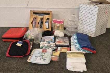 Princess House Glass Tree, Utensil Tray, (7) Pot Holders, (9) Hand Towel, (3) Cupcake Cups, Aero Knife(New), First Aid Kit, And More!