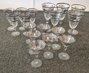(17) Vintage Wine Glass Piece Set, Black Painted Flowers