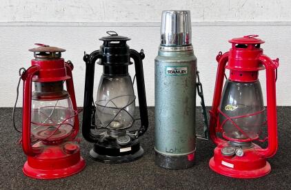 (3) Vintage Style Lanterns And Stanley Thermos