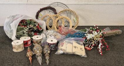 Craft Bundle! (6) Wreaths, Christmas Floral, Vintage Ornaments, (4) Ribbons, Christmas Wood Decor/ Crafts