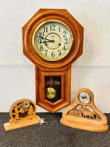 Vintage Wooden Clock Lot: Regulator Wall Clock And (2) Handcrafted Desk Clocks