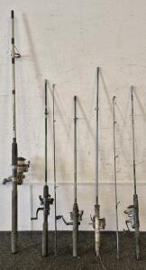 5 Fishing Poles (Shakespeare's-Am, Shakespeare's 333, never Fish Bonz, Ryobi SX5m)
