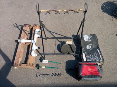 Custom Horseshoe Utility Stand, Heavy Duty Lawnmower/Tractor Bumper, (3) Tie-Out Stakes for Pet Leashes, Insulated Lunch Bag, Outdoor PVC 1 1/2" T Fittings Mounted to a Wooden Backstop, Schwinn Noseless Saddle Bicycle Seat