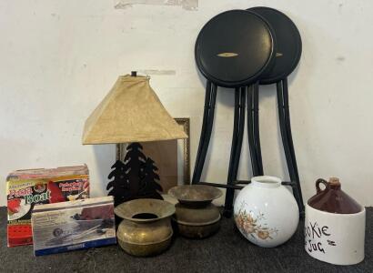Glass Lampshade, (2) Vintage Brass Spittoons, Vintage McCoy Cookie Jar, Lamp, Stools & More