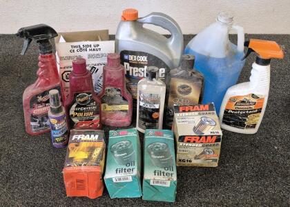 Car Bundle! Cleaning Supplies, (4)Oil Filters, Anti Freeze, Window Wiper Liquid, Polish And Wax