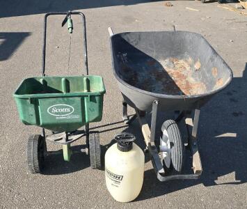 Wheelbarrow, Scott Broadcaster (Seeder), Weed Killer Spray Jug *No Nozzle*
