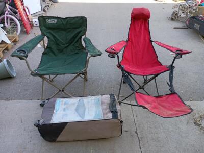 (2) Coleman Camping Chairs, Ozark Trail Foldable Queen Size Bed Frame With Air Mattress With Roll Away Carrying Case