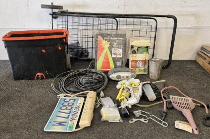 Tractor Cover, Garden Drip Hose, Surge Protector, (2) Rope, Radio, Plastic Bin, Rolling Cart, Dock-It Spray And More!
