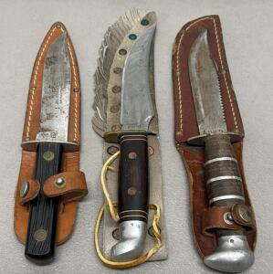 (3) Total Set of Vintage Fixed Blade Knives: Western, America Sportsman, Aidaco with Leather Sheaths