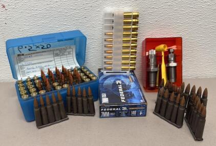 Lee Reloading Dies 6.5 Japanese Caliber with Red Plastic Case And Assorted Ammunition