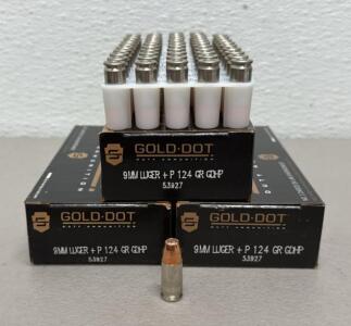 (150 Rounds) Speer Gold Dot 9mm Luger +P 124 GR GDHP Duty Ammunition