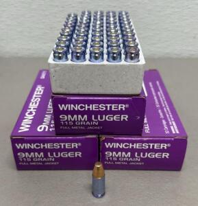 (150 Rounds) Winchester Q4471 9mm Luger FMJ, 115 Grain, Training Ammo