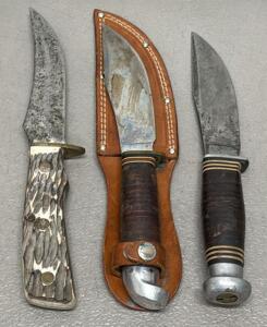 (3) Total Vintage Western & Imperial Hunting Knives with Leather Sheaths, USA-Made