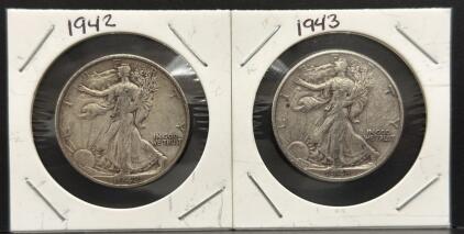 1942 & 1943 Walking Liberty Half Dollars, 90% Silver, Adolph A. Weinman Design