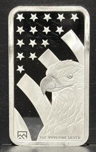 1 oz 0.9999 Fine Silver Bullion Bar, Scottsdale Mint, American Flag Series