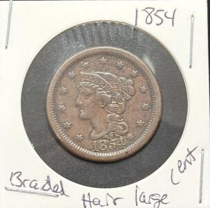 1854 United States Braided Hair Large Cent, Copper, No Mint Mark
