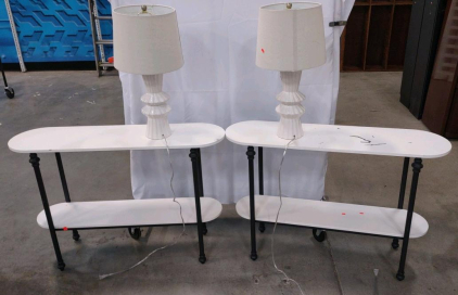 (2) Matching 1'x 43&frac12;"x 29" (White/Black) 2-Teir Display Racks & (2) Matching Curtained Accent Lamps w/ Shades