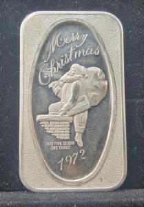 (1)One Ounce Merry Christmas 1972 Pure Silver Bar