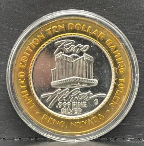 1-OZ Solid Casino Themed Reno Hilton $10 Gaming Token, .999 Fine Silver, Year of the Monkey