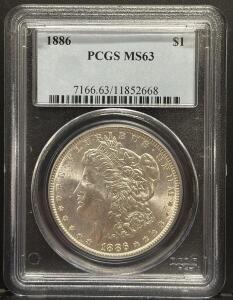 1886 Morgan Silver Dollar, $1, PCGS MS63, Serial: 7166.63/11852668