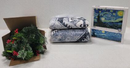 (1) Gailimaiya Washable Area Rug 8ft x 10ft Grey/Blue (1) 10ft Light-up Christmas Garland (2) Starry Night 1000 Piece Puzzles