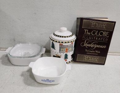 (1) Big Sky Ceramic Cookie Jar (1) Corningware Blue Cornflower Casserole Dish (1) Corningware French White Casserole Dish And More