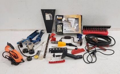 (2) Calking Guns (1) HVLP Spray Gun (1) Chicago Cutout Tool And Assorted Tools