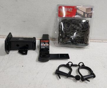 (2) Trailer Hitch Attachments (1) Heavy Duty Trailer Net (1) Vintage Medieval Style Handcuffs