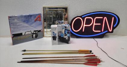 (1)New in original pkg. Athalon 2-piece Ski & Boot Bag Set (1) Brookstone Sofa Caddy (1) Electric OPEN sign (8) Aluminum Arrows (1) Mirror
