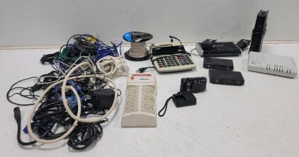 (1)Sony Cybershot DSC-H90 16.1MP 16x DSLR Camera with Battery and charging unit(1) Canon P170-DH-3 Printing Calculator *tested (1) Dynex DX-ESW5 10/100 5-port Fast Ethernet Switch (1) Dynex DX-ESW5 10/100 4-port Fast Ethernet Switch and assorted cables.